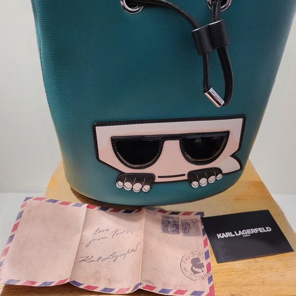 Karl Lagerfeld Cartoon Eyes Bucket Bag in TEAL - Picture 5 of 5